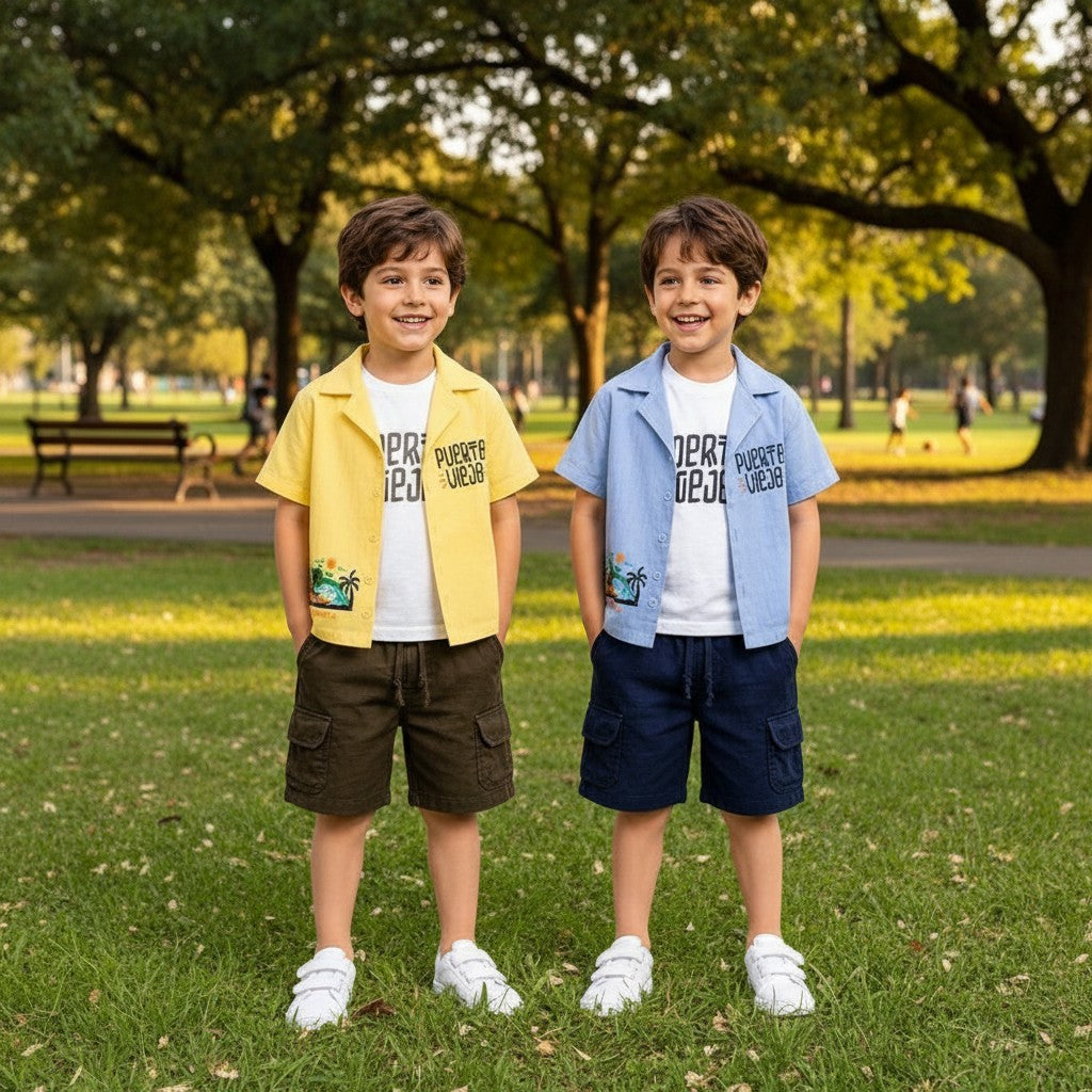 The Nile Luxuries boys' yellow short-sleeve camp shirt with tropical graphic and blue cargo shorts.