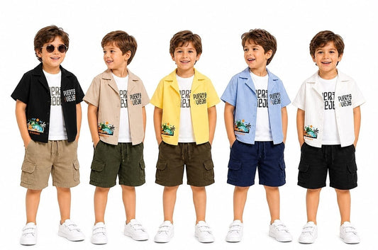 The Nile Luxuries boys short sleeve camp shirt and cargo shorts set in black, beige, yellow, light blue, and white.