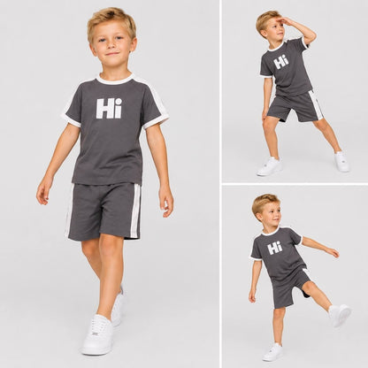 The Nile Luxuries grey and white short sleeve t-shirt and shorts set with Hi graphic on a young boy.