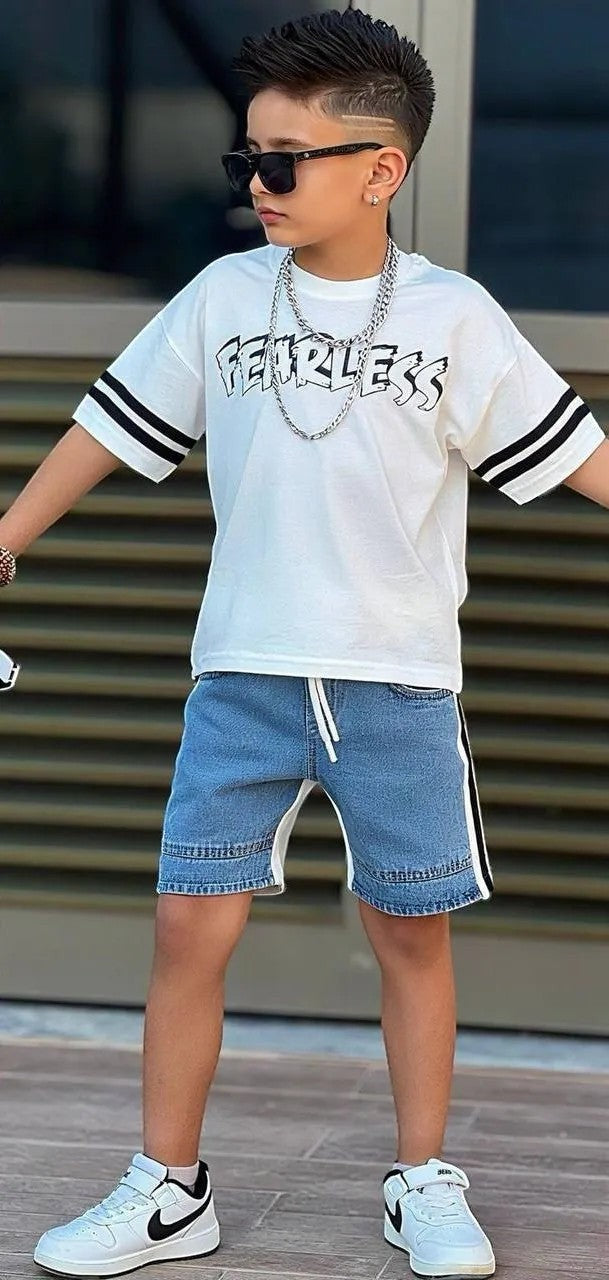 The Nile Luxuries boys' blue denim shorts with white side panels and black stripe detail, elastic waistband, drawstring.