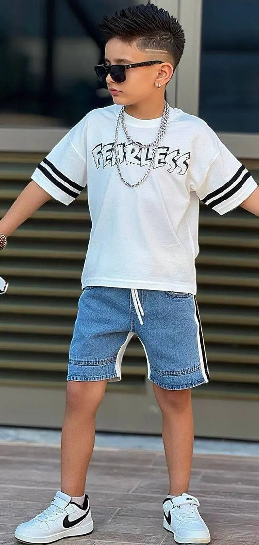 The Nile Luxuries boys' blue denim shorts with white side panels and black stripe detail, elastic waistband, drawstring.