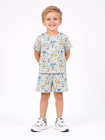 The Nile Luxuries boys grey short sleeve t-shirt and shorts set with fun dinosaur and vehicle print.