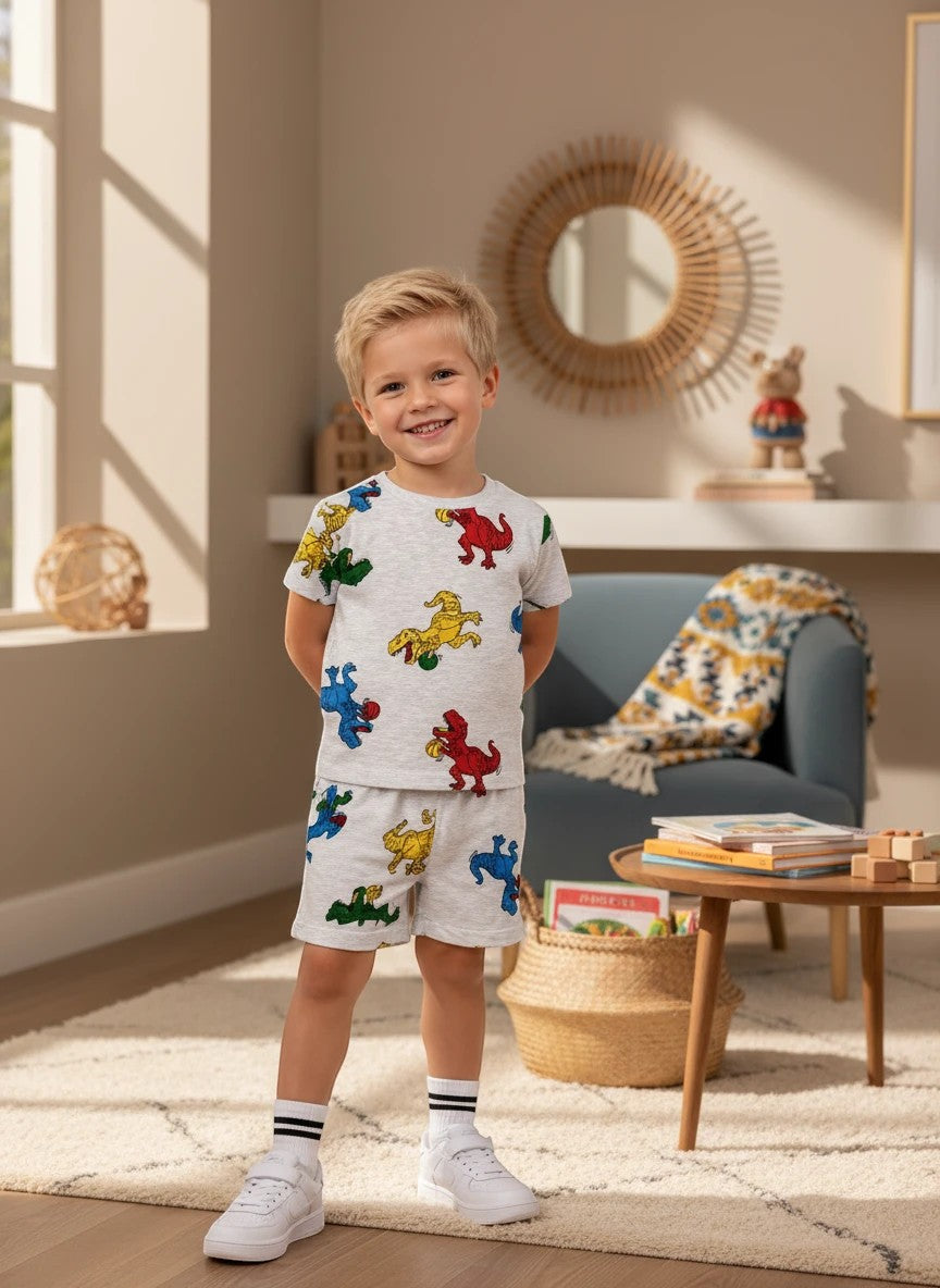 Young boy wearing a grey The Nile Luxuries dinosaur print short sleeve t-shirt and matching shorts set in a living room