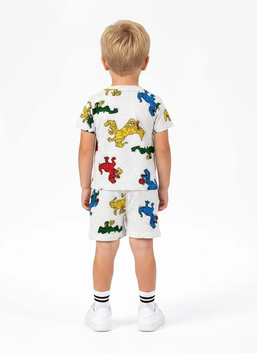 The Nile Luxuries boys grey short sleeve t-shirt and shorts set featuring a colorful dinosaur print on white background