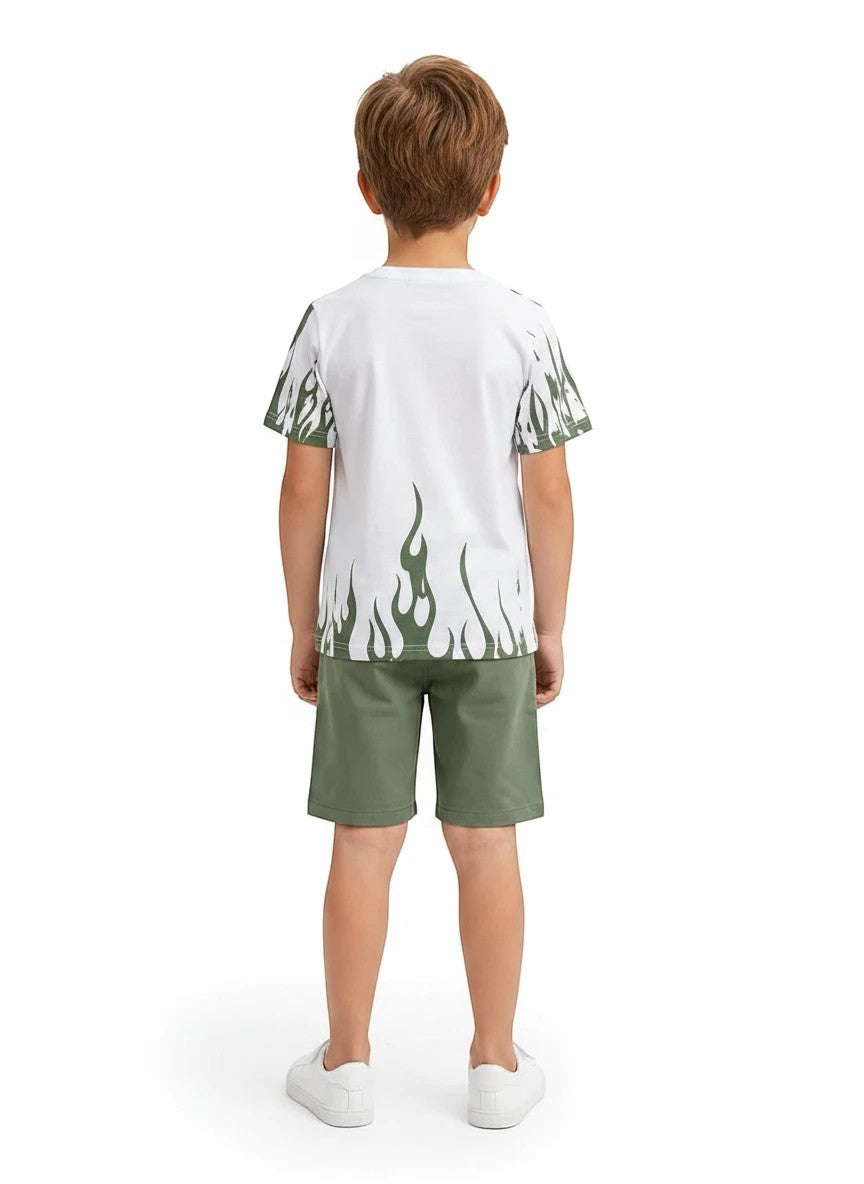 The Nile Luxuries boys white t-shirt with green flame print and matching green shorts, back view.