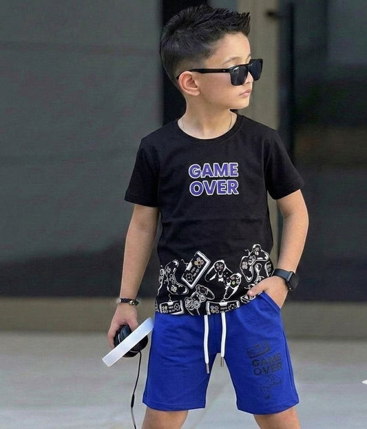 The Nile Luxuries boys black graphic t-shirt with Game Over print and blue drawstring shorts for gaming enthusiasts
