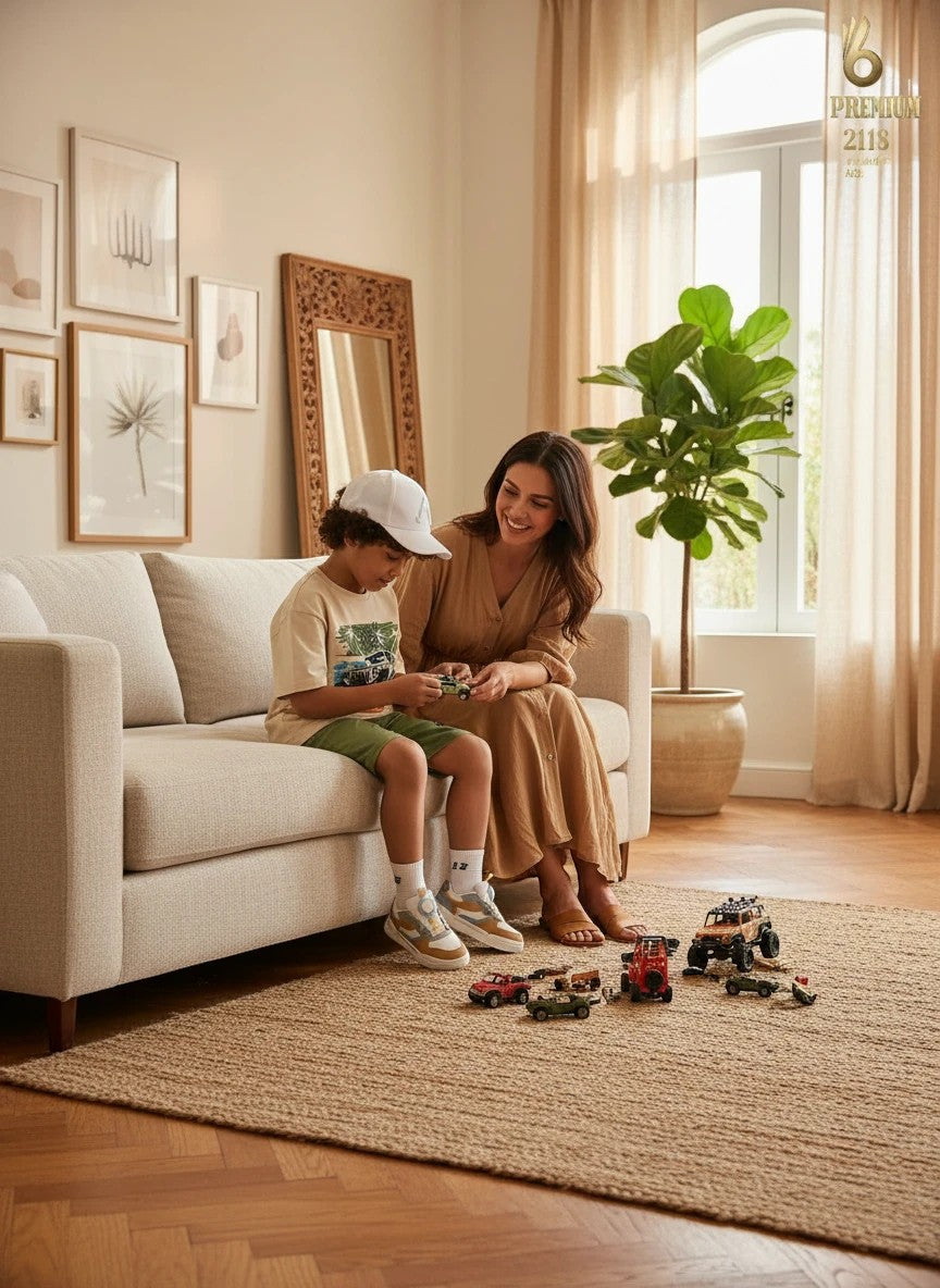 The Nile Luxuries boys' cream graphic t-shirt and green shorts set worn by a boy playing with toy trucks on a sofa.