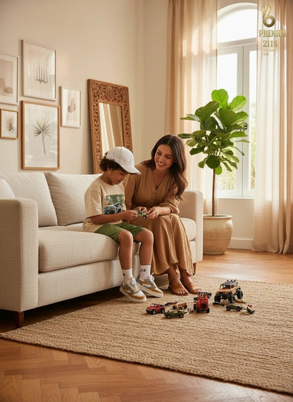 The Nile Luxuries boys' cream graphic t-shirt and green shorts set worn by a boy playing with toy trucks on a sofa.