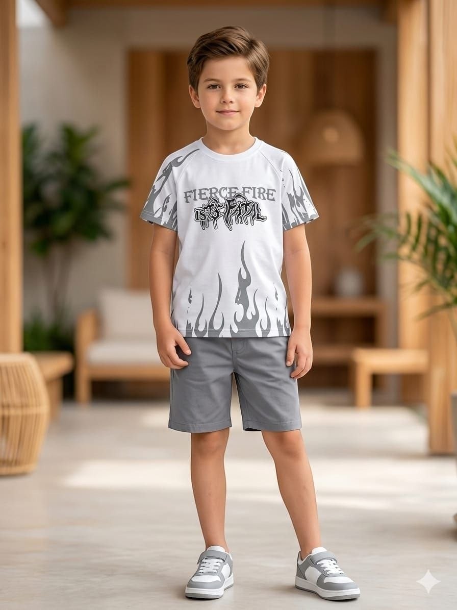 The Nile Luxuries boys white graphic t-shirt with flame print and grey shorts worn by a young boy in a bright room.
