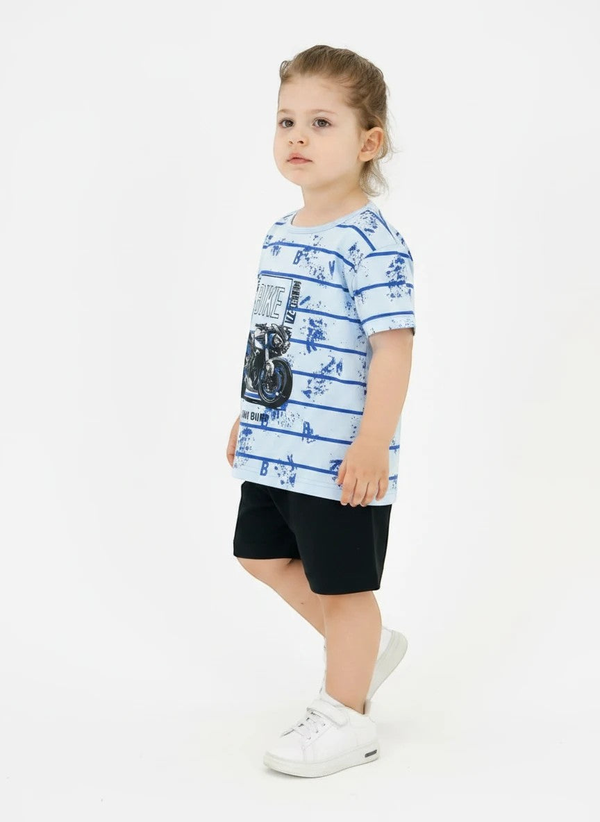 The Nile Luxuries light blue striped graphic t-shirt and black shorts set for boys, featuring a motorcycle print.