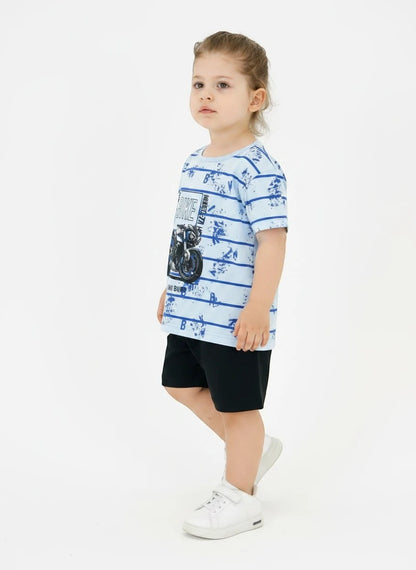 The Nile Luxuries light blue striped graphic t-shirt and black shorts set for boys, featuring a motorcycle print.
