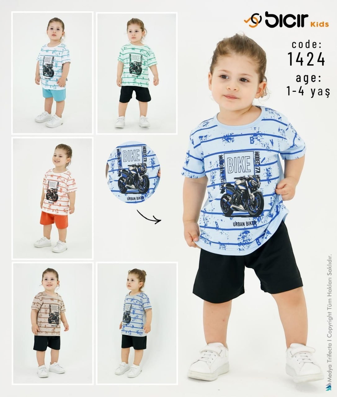 The Nile Luxuries Boys graphic print t-shirt and shorts set with motorcycle design. Available in light blue, mint green, white, coral, and beige.
