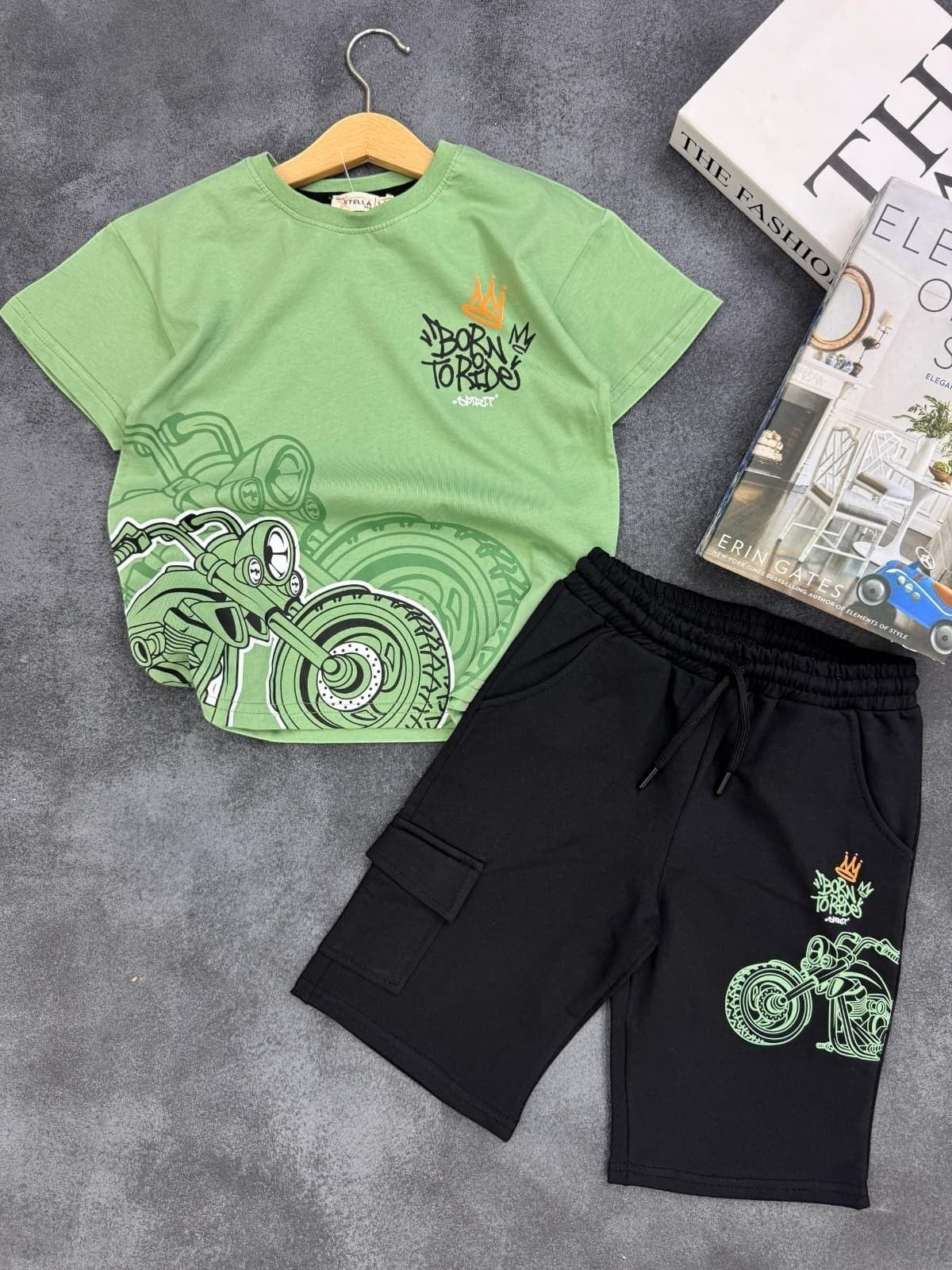 The Nile Luxuries boys' green graphic t-shirt and black cargo shorts set with Born to Ride motorcycle print.