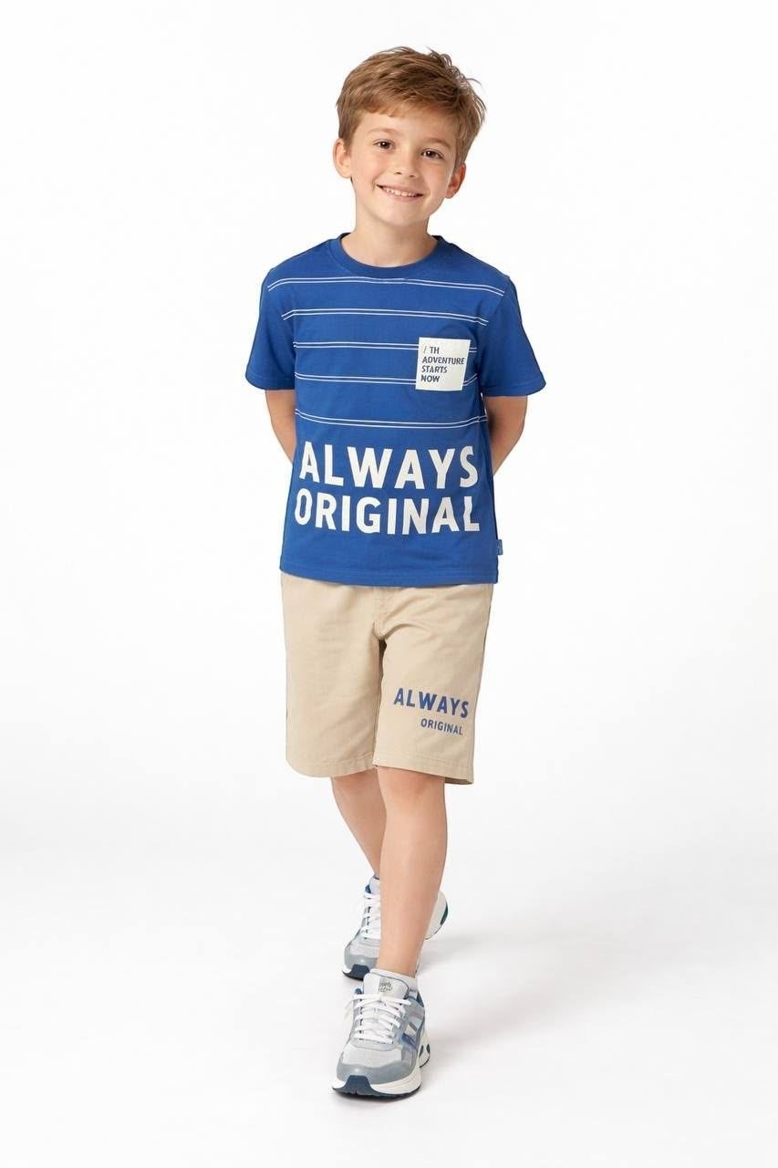 The Nile Luxuries boys' blue striped graphic t-shirt and beige shorts set with Always Original print on a young boy.