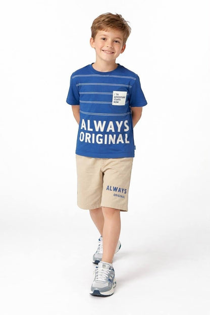 The Nile Luxuries boys' blue striped graphic t-shirt and beige shorts set with Always Original print on a young boy.