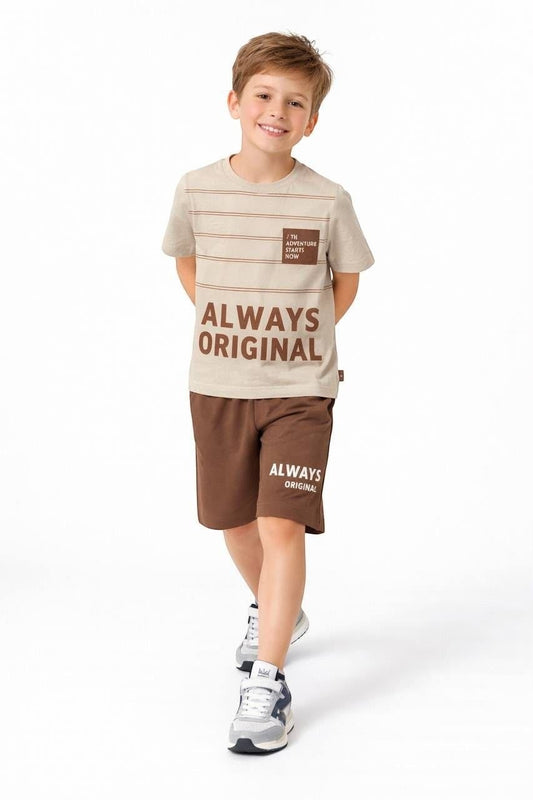 The Nile Luxuries boys' beige striped graphic t-shirt and brown shorts set with Always Original print on a young boy.