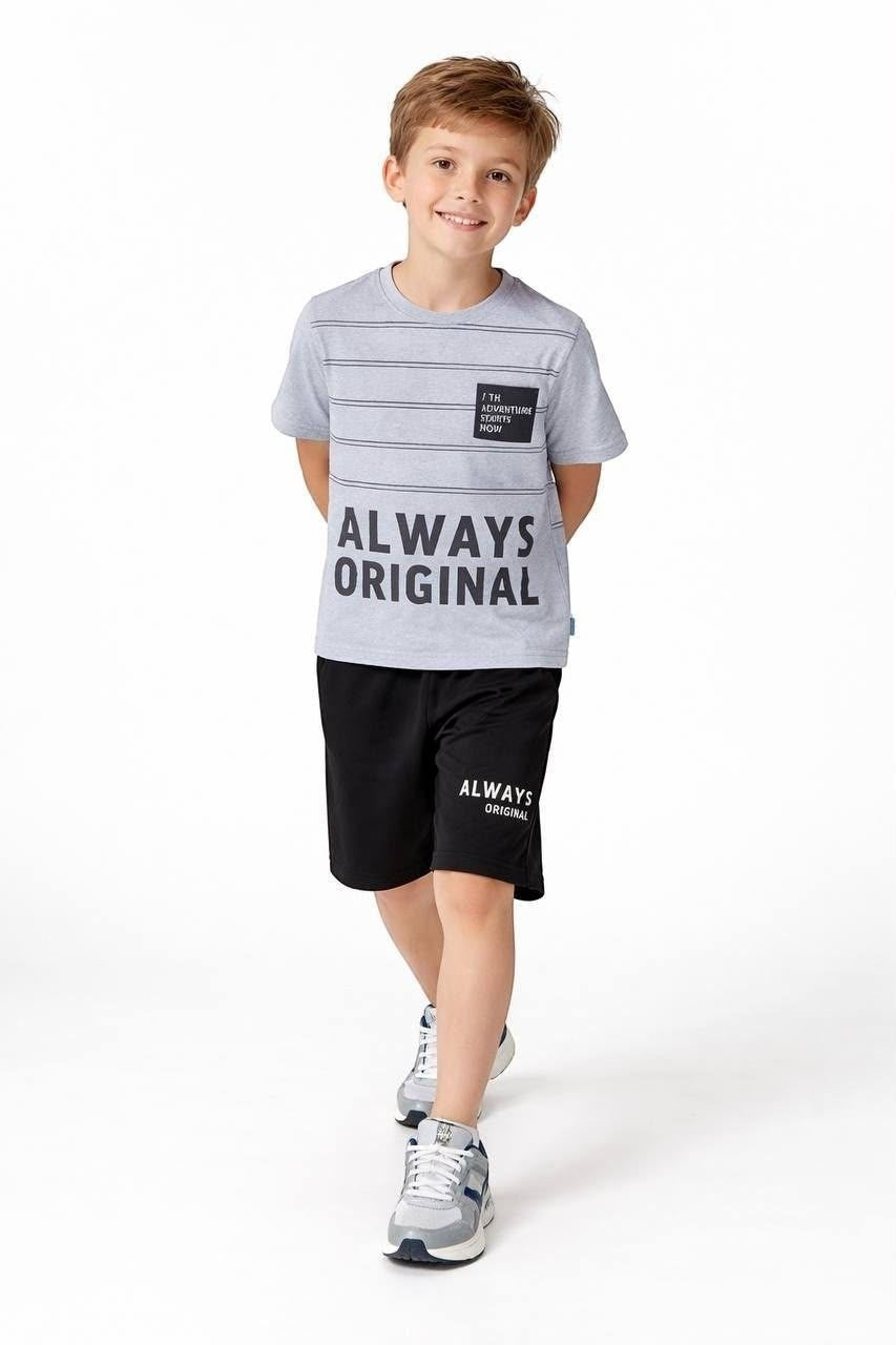 The Nile Luxuries boys' grey striped graphic t-shirt and black shorts set with Always Original print on a young boy.