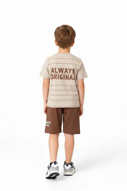 The Nile Luxuries boys beige striped t-shirt with Always Original graphic and brown shorts set for active play.