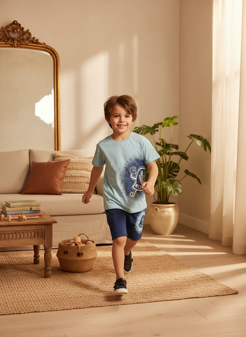 A young boy wearing a The Nile Luxuries light blue graphic t-shirt and navy cargo shorts in a bright living room.