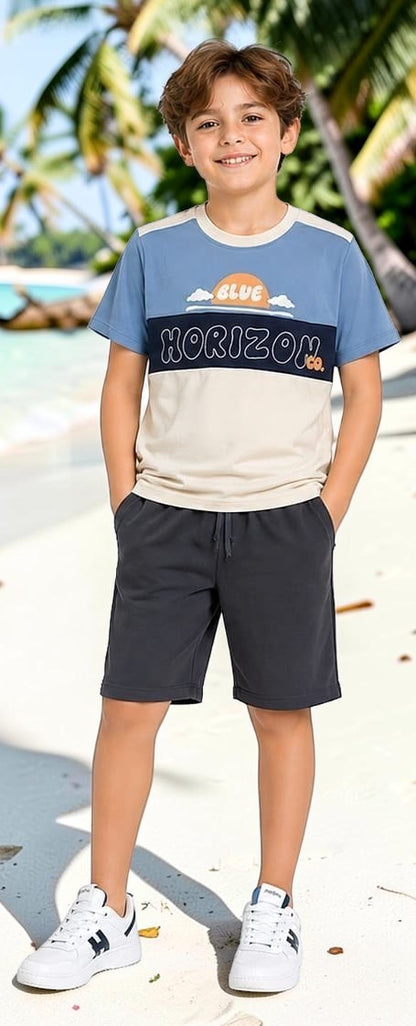 The Nile Luxuries boys' blue, beige, and navy graphic t-shirt with "HORIZON" text and charcoal shorts set.