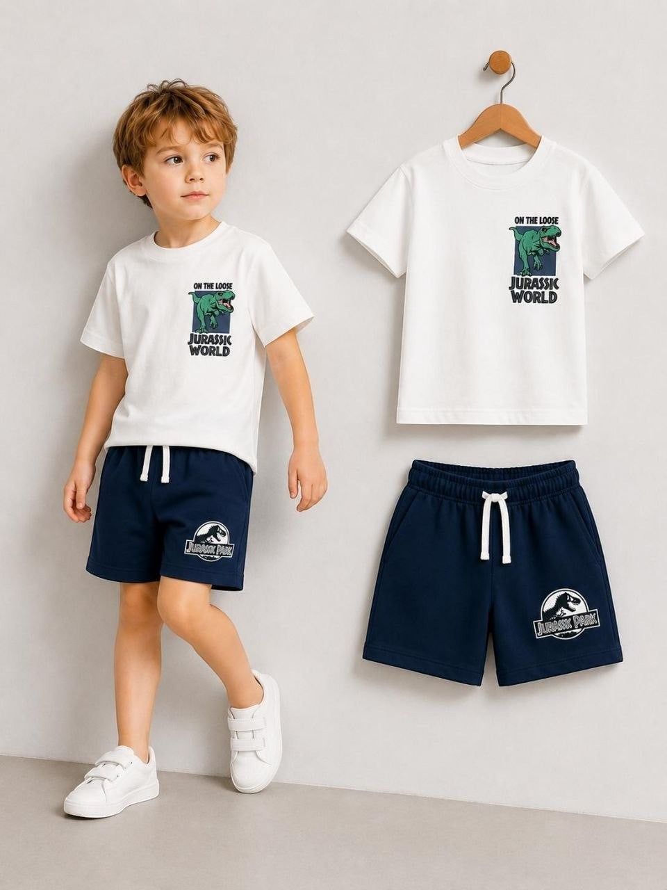 The Nile Luxuries boys' white Jurassic Park t-shirt and navy shorts set. T-shirt features dinosaur graphic. Shorts have drawstring waist.
