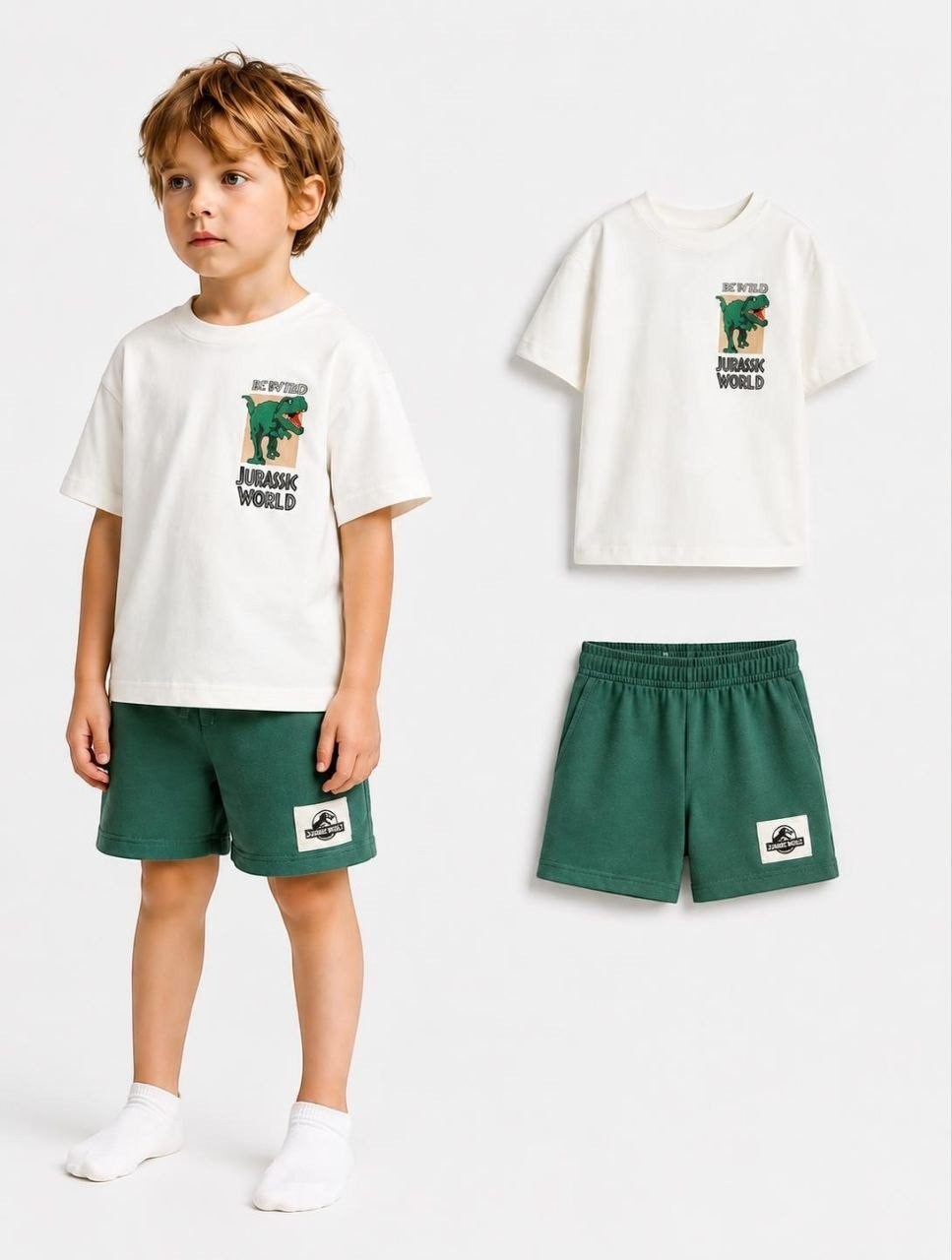 The Nile Luxuries Boys Jurassic World graphic tee and green shorts set. Off-white cotton t-shirt with dinosaur graphic. Green shorts with elastic waist.