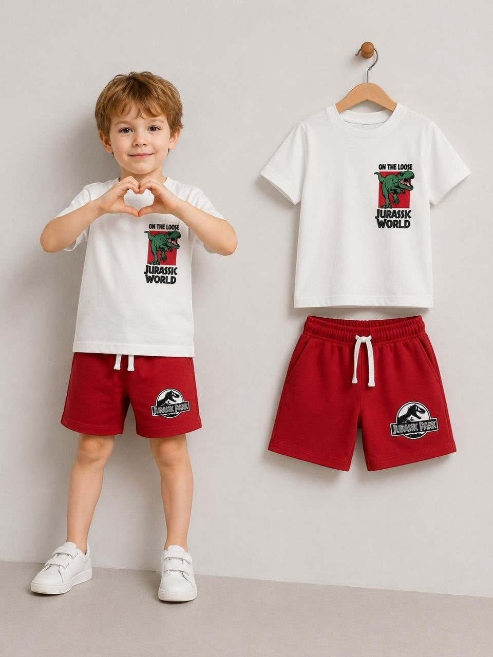 The Nile Luxuries boys' white Jurassic World t-shirt and red shorts set. Features dinosaur graphic.