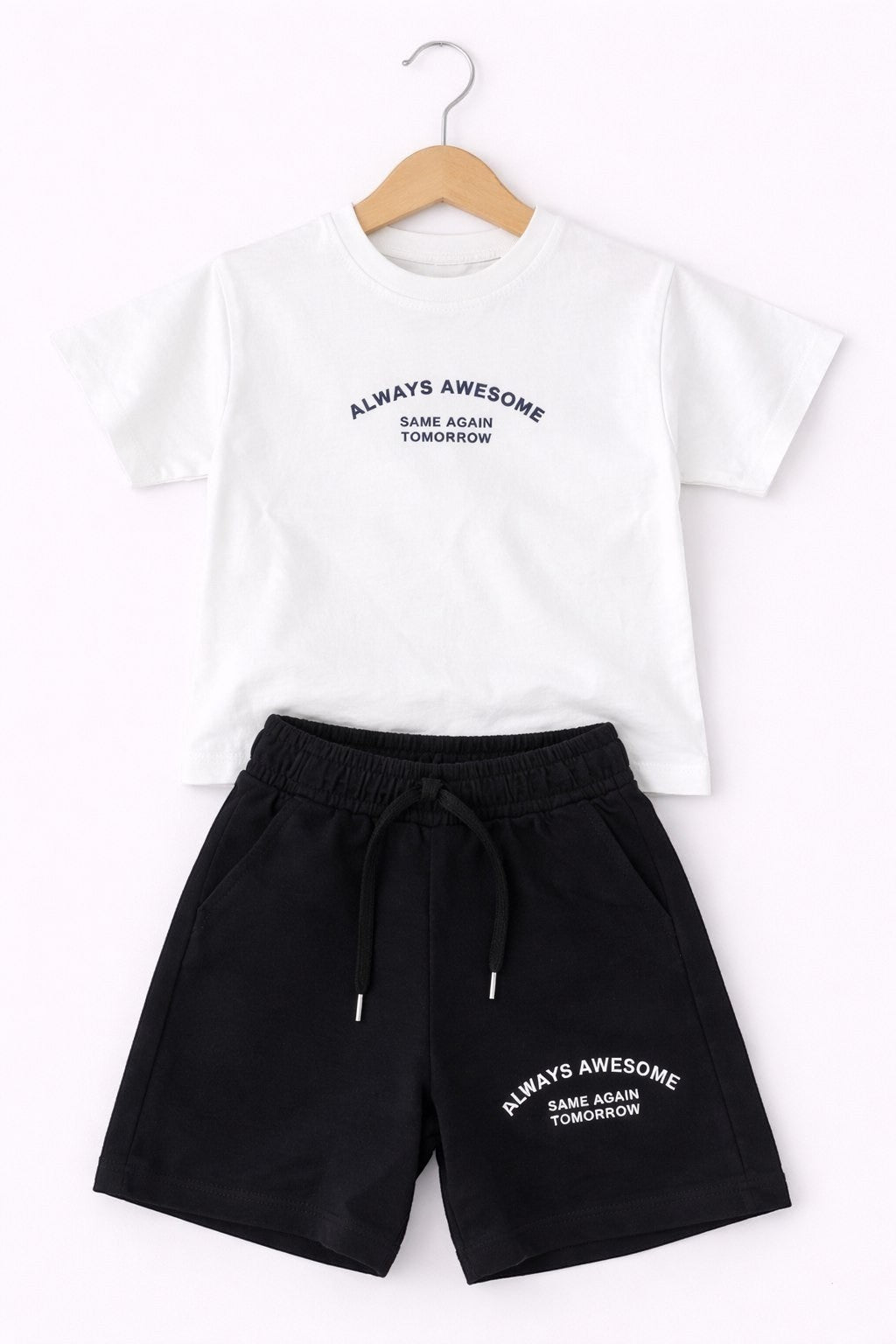 The Nile Luxuries boys white t-shirt and black shorts lounge set with Always Awesome graphic print