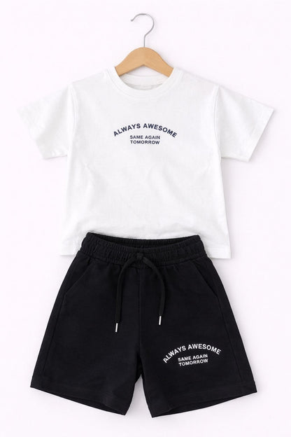 The Nile Luxuries boys white t-shirt and black shorts lounge set with Always Awesome graphic print