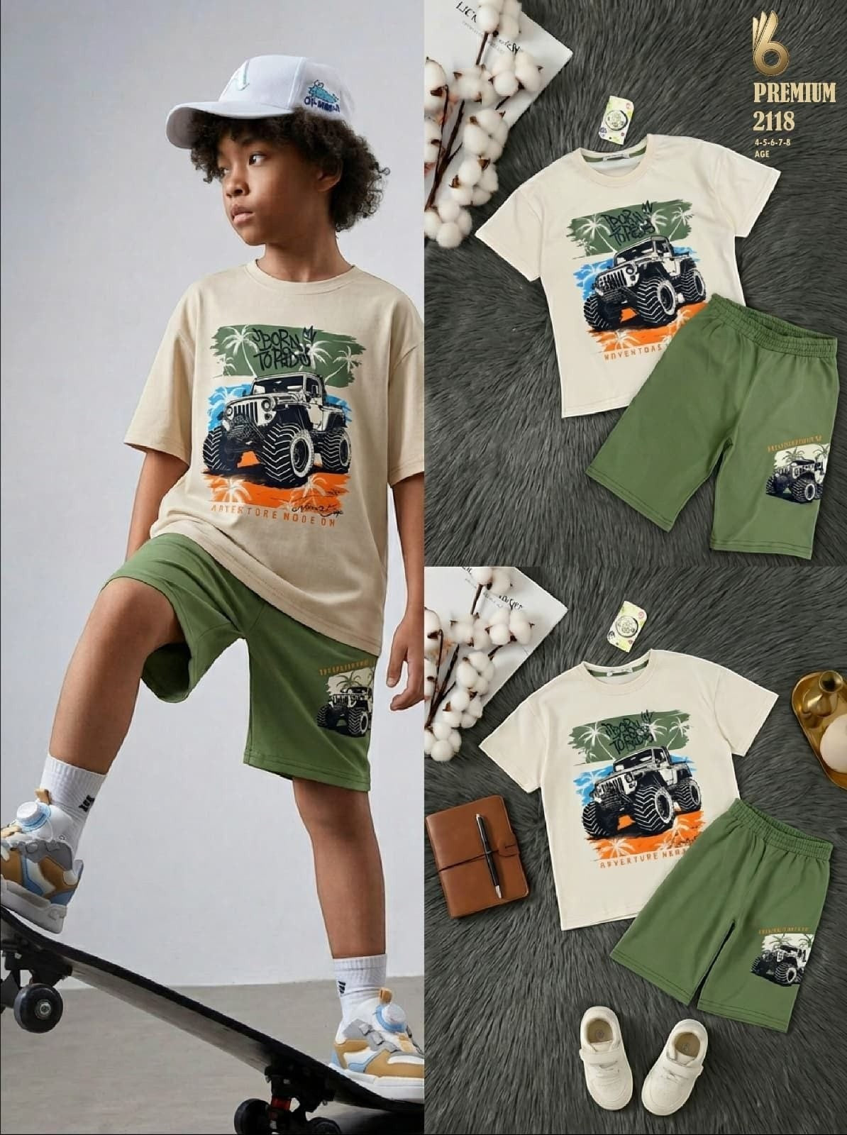 The Nile Luxuries boys cream t-shirt with monster truck graphic and green shorts, worn by a boy on a skateboard.