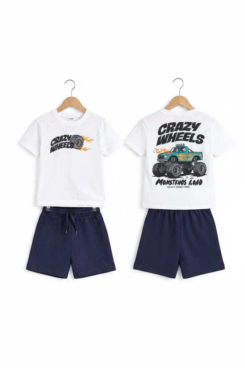 The Nile Luxuries boys white graphic t-shirt with monster truck print and navy blue pull-on shorts summer outfit set