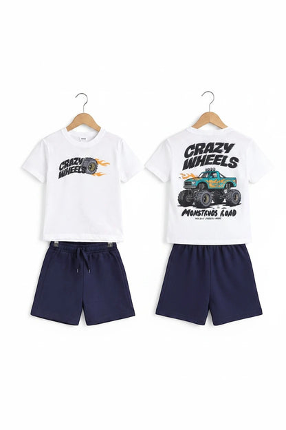 The Nile Luxuries boys white graphic t-shirt with monster truck print and navy blue pull-on shorts summer outfit set