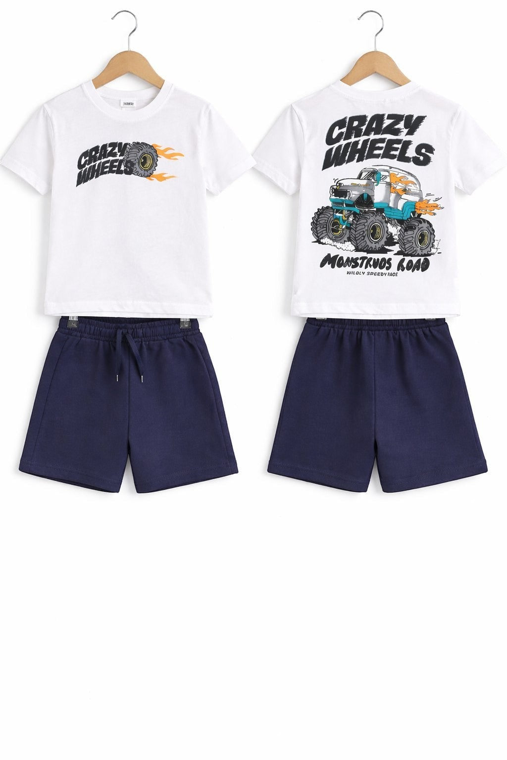 The Nile Luxuries boys' white graphic t-shirt with monster truck print and navy blue elastic waist shorts outfit set.