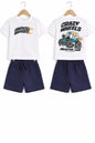 The Nile Luxuries boys' white graphic t-shirt with monster truck print and navy blue elastic waist shorts outfit set.