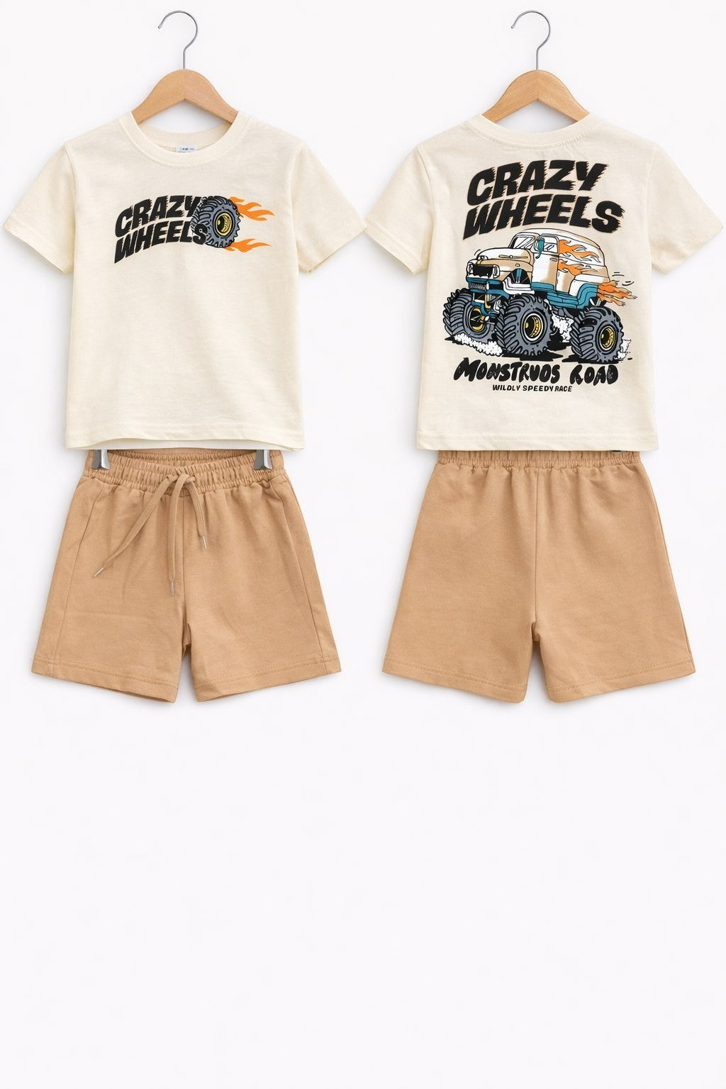 The Nile Luxuries boys' cream t-shirt with monster truck graphic and tan drawstring shorts summer outfit set.