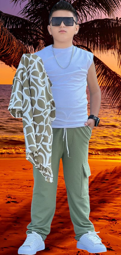 The Nile Luxuries boys' olive green cargo pants and abstract print shirt set. Relaxed fit.