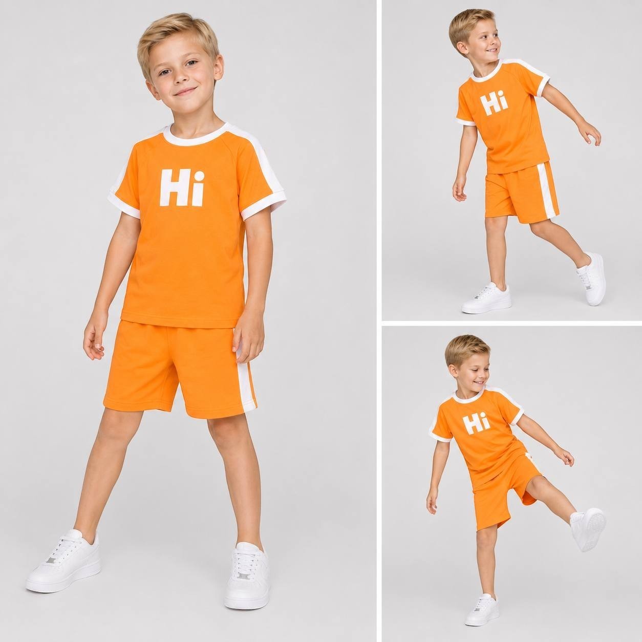 The Nile Luxuries orange short-sleeve t-shirt and shorts set with white Hi graphic and side stripes on a young boy.