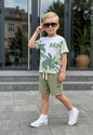 The Nile Luxuries boys' green palm print t-shirt and gauze shorts set with GAP logo. Elastic waist shorts.