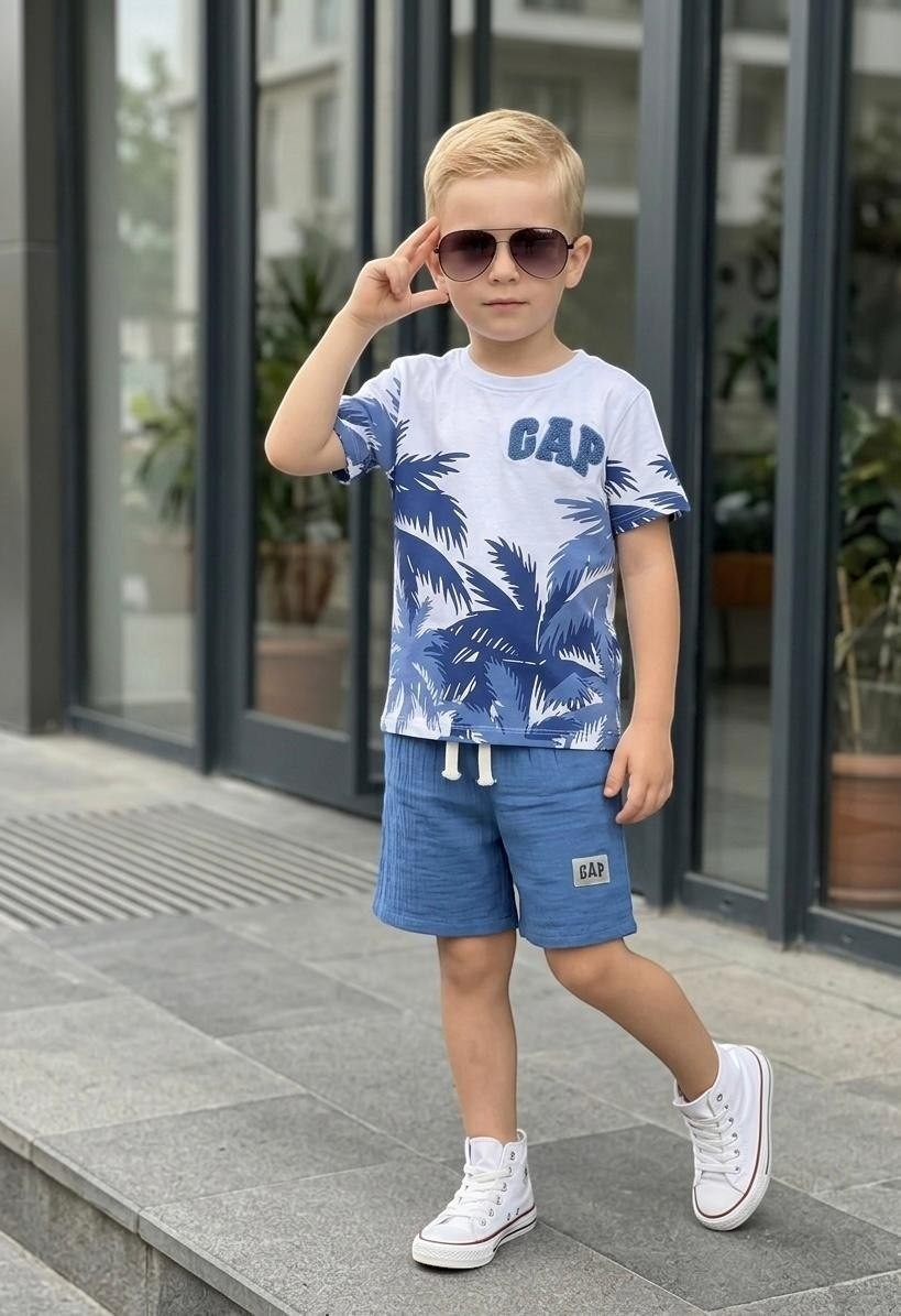 The Nile Luxuries boys' blue palm tree print t-shirt and gauze shorts set with GAP logo.