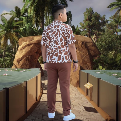 The Nile Luxuries boys' short-sleeve shirt with abstract print and brown cargo pants set.
