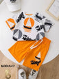 The Nile Luxuries boys' white cotton t-shirt and orange shorts set with sailboat and SURF graphic print.