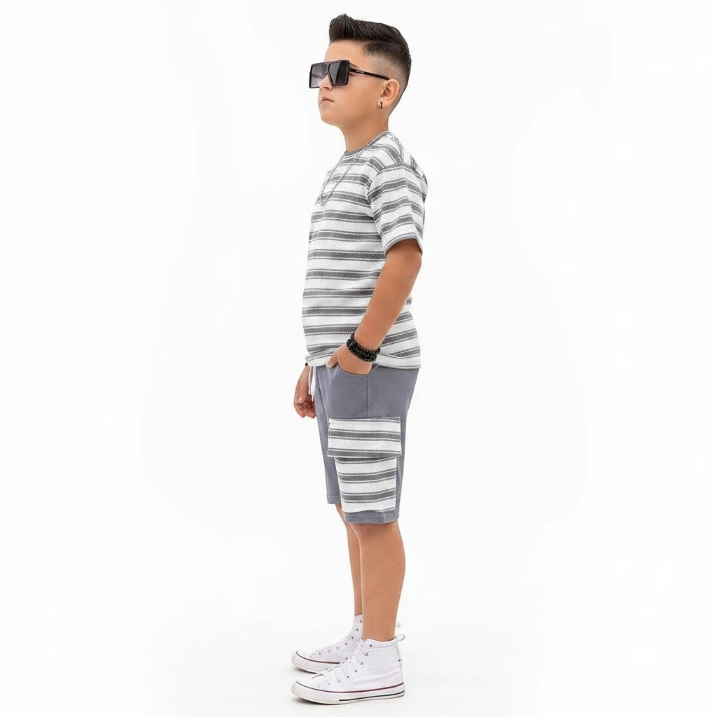 The Nile Luxuries boys summer outfit with a grey striped t-shirt and matching cargo shorts on a young model.
