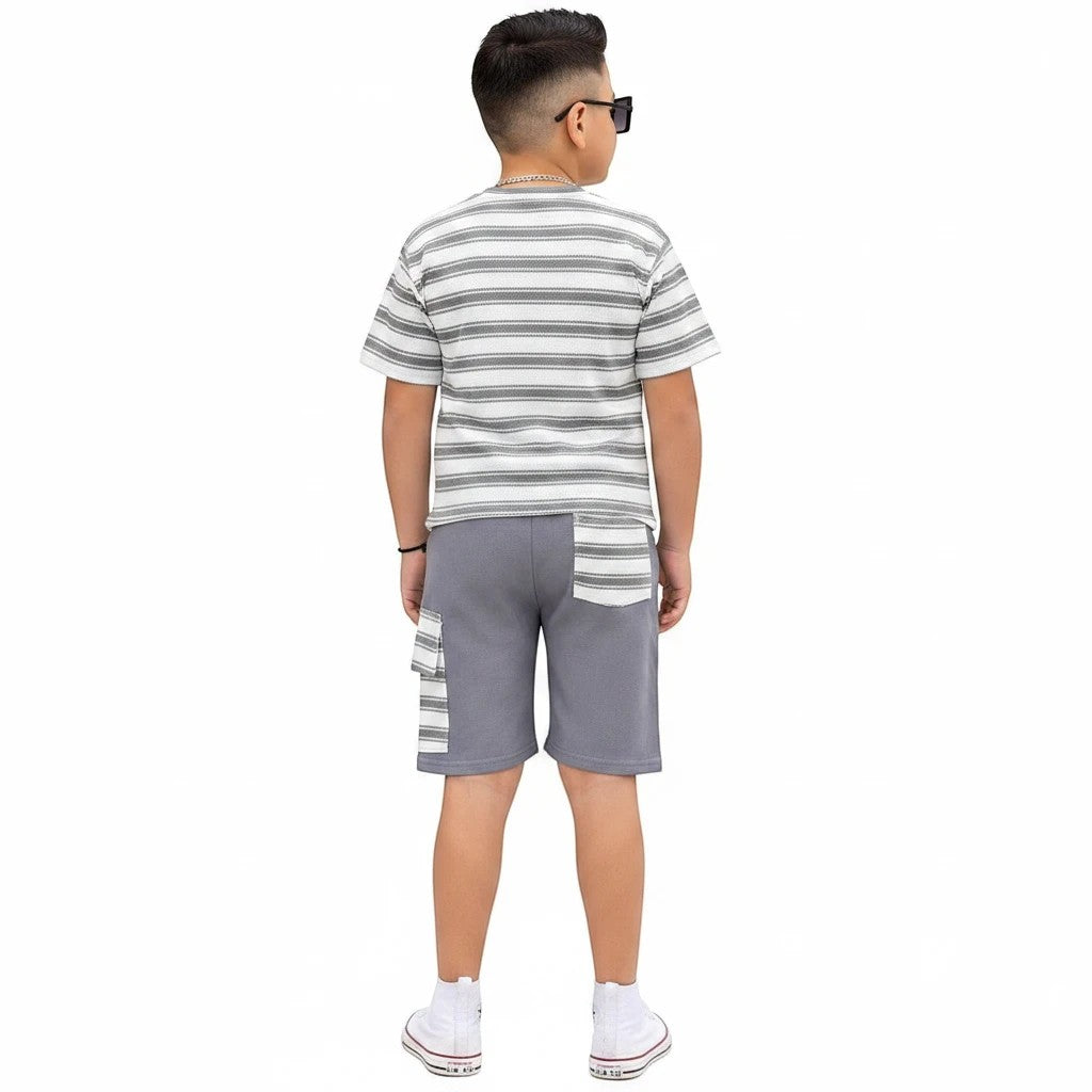 The Nile Luxuries boys summer outfit with a striped t-shirt and grey cargo shorts, back view.