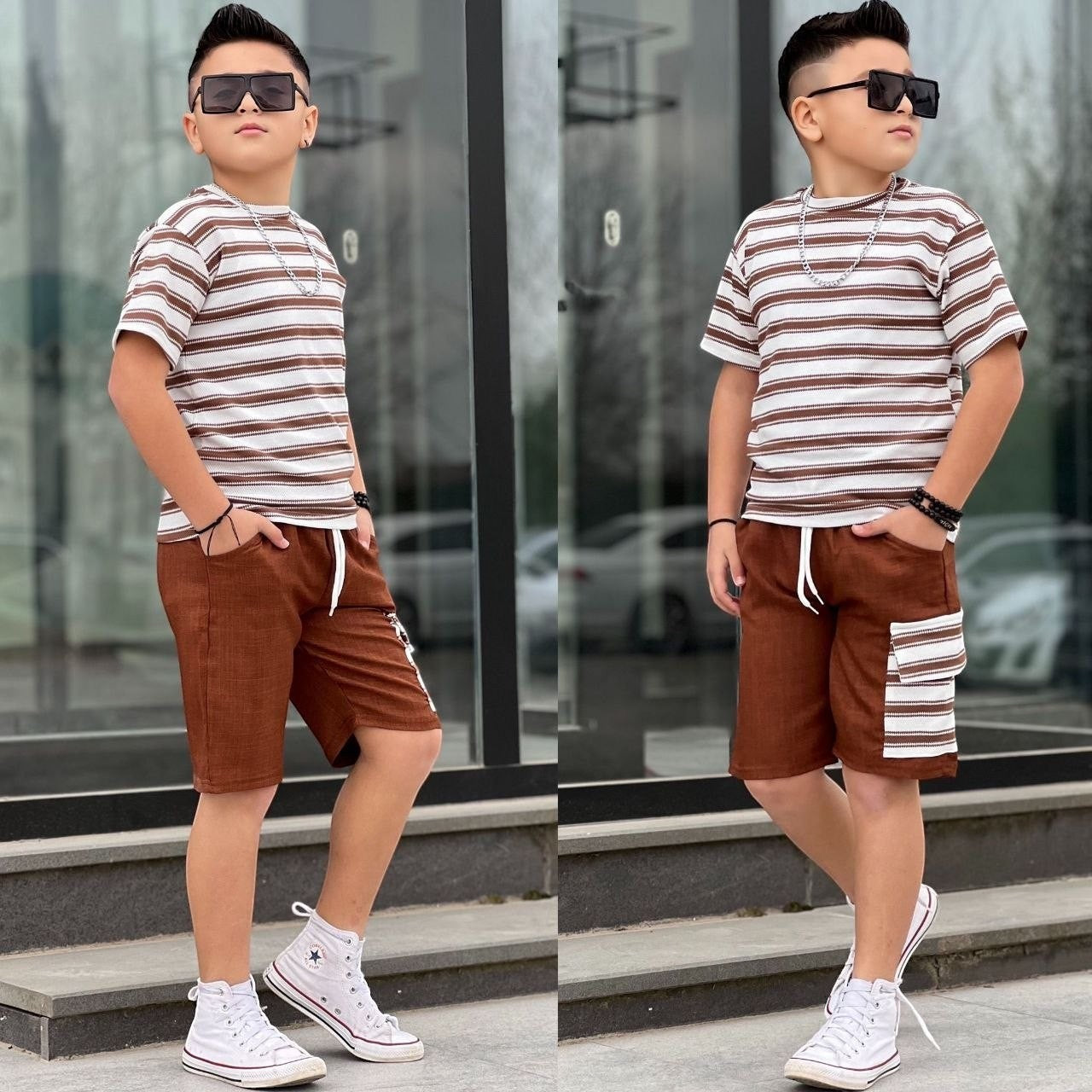 The Nile Luxuries boys summer outfit with brown striped t-shirt and matching cargo shorts on a young model.