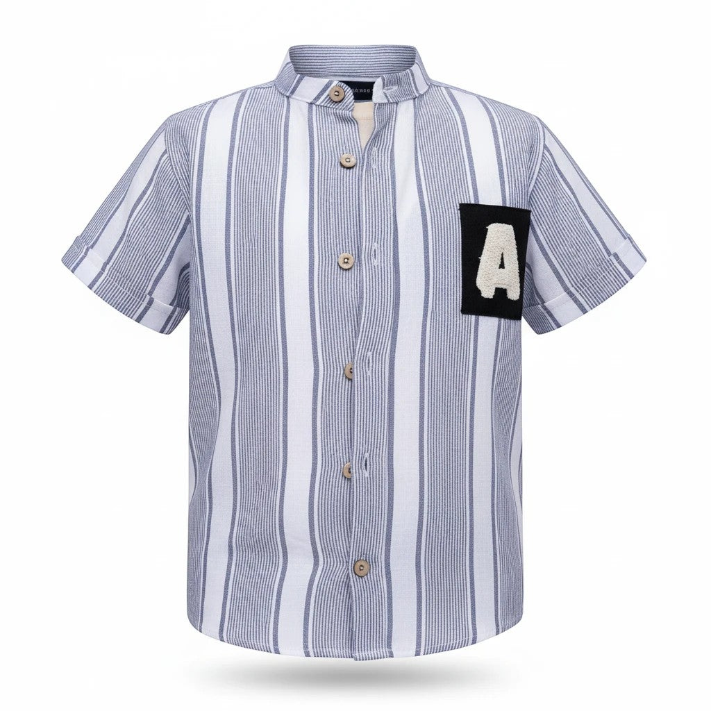 The Nile Luxuries boys short-sleeve button-down shirt with blue vertical stripes and a letter A chest patch.