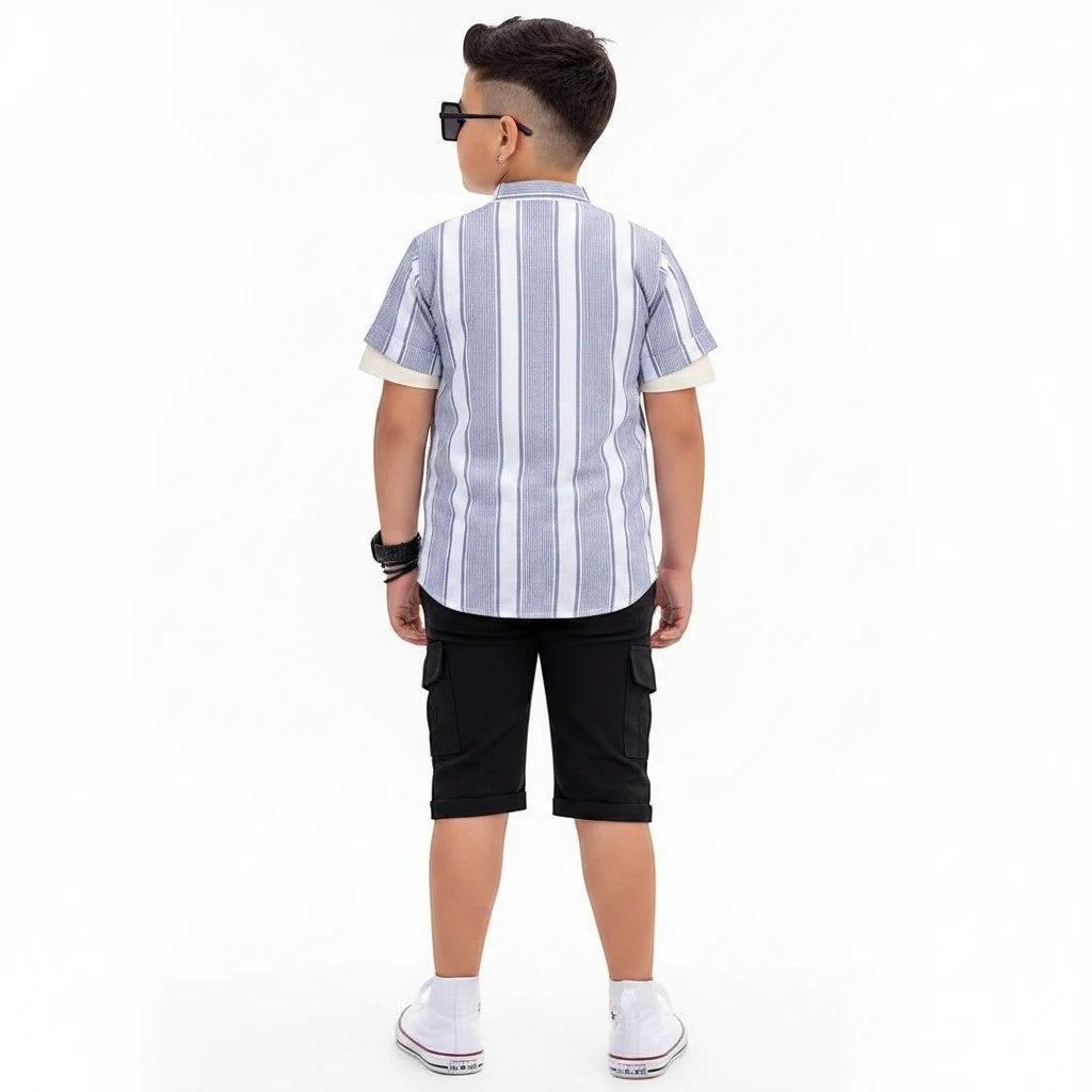 The Nile Luxuries boy's summer outfit with a blue striped short-sleeve shirt and black cargo shorts on a young model.