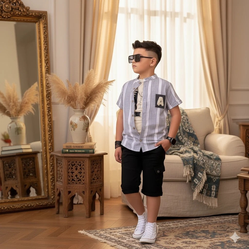 The Nile Luxuries boys summer outfit with striped button-down shirt, patch detail, and black cargo shorts.