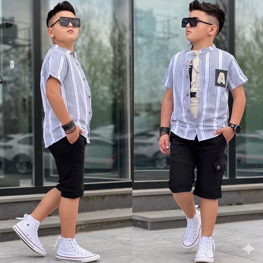 The Nile Luxuries boys summer outfit with striped short-sleeve shirt, patch detail, and black cargo shorts.