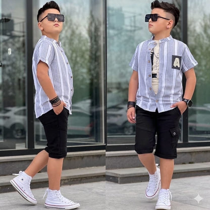 The Nile Luxuries boys summer outfit with striped short-sleeve shirt, patch detail, and black cargo shorts.