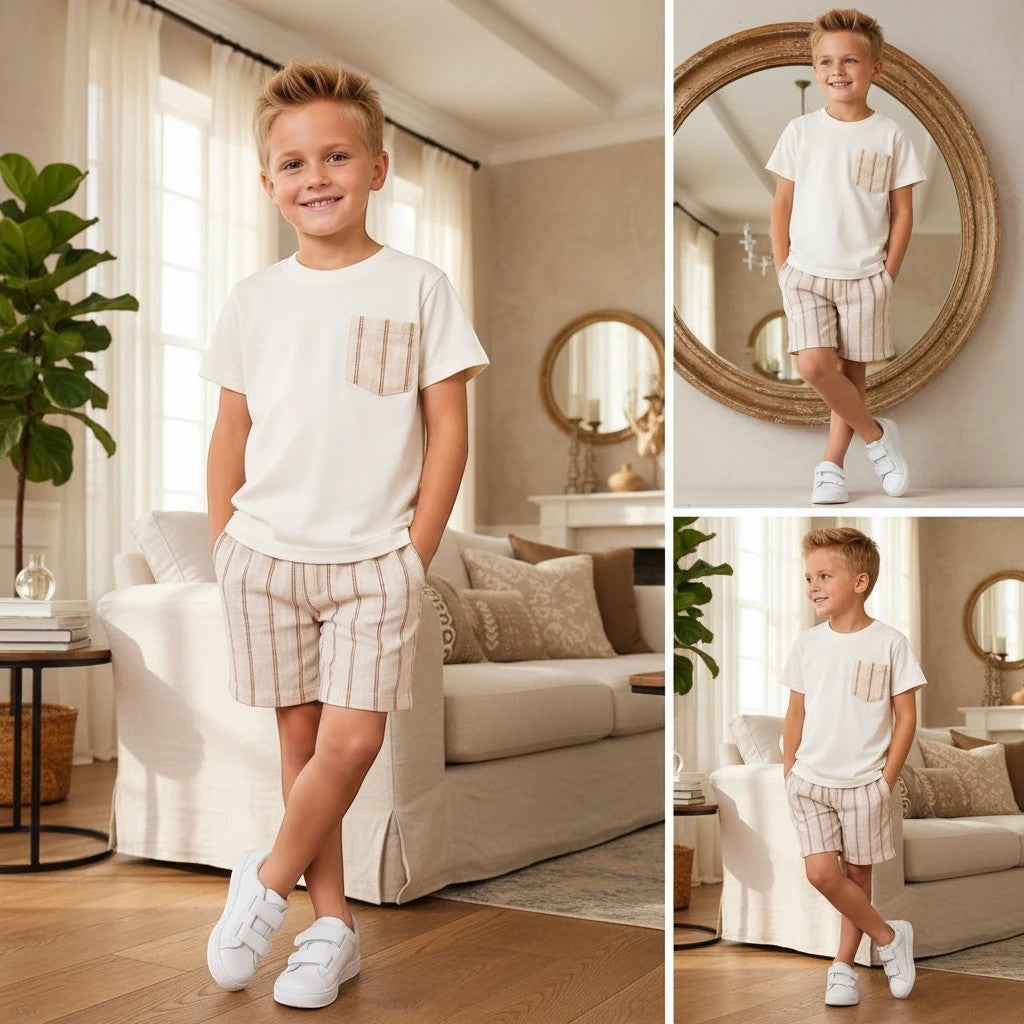 The Nile Luxuries boys cream crew-neck t-shirt and striped shorts set worn by a smiling boy in a bright living room.